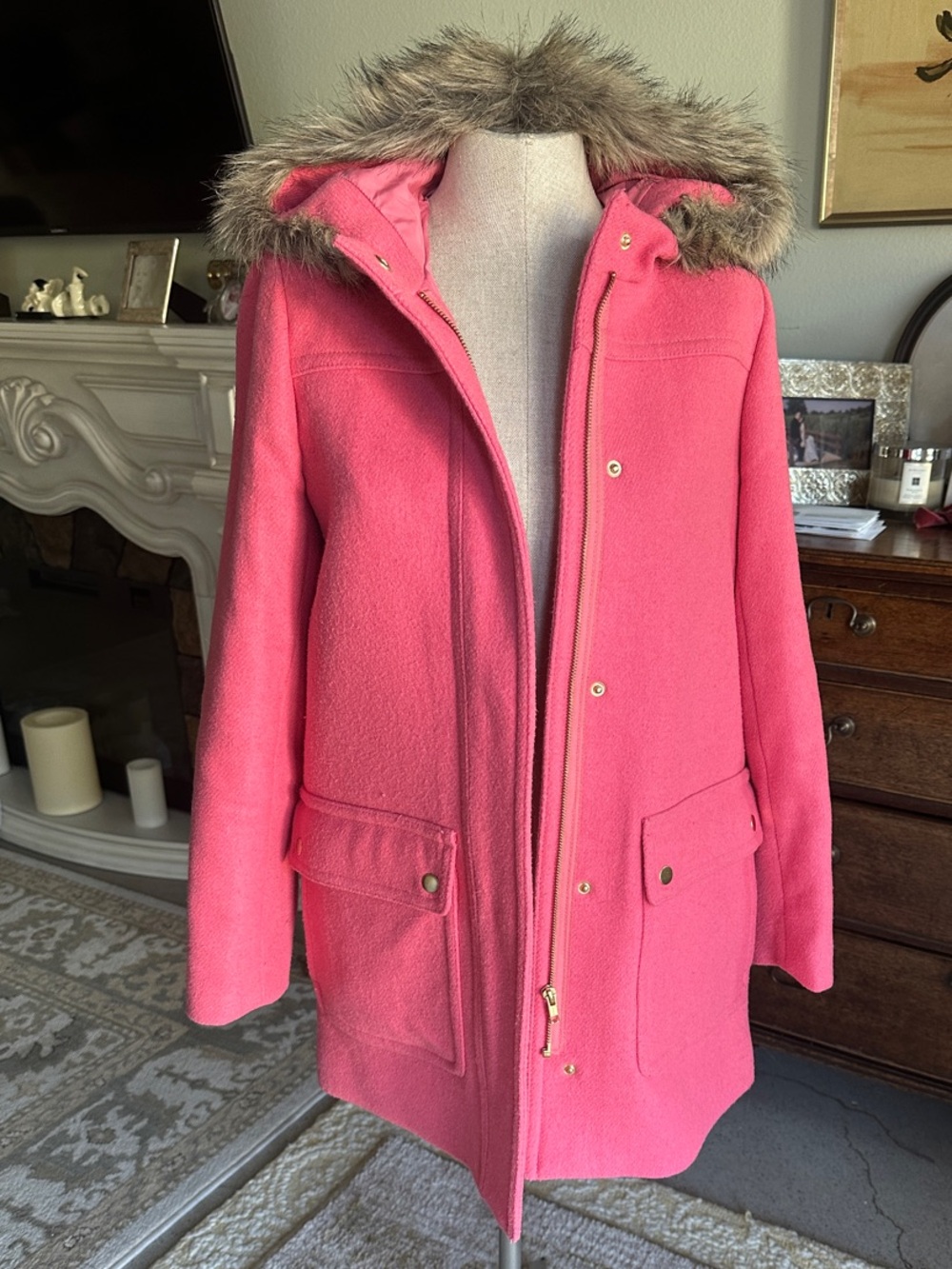 J. Crew Pink Hooded Wool-Blend Trench Coat with Faux Fur Trim